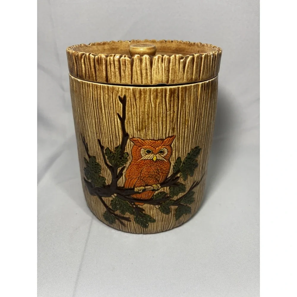 🦉Vintage Owl Ceramic Canister Brown Wood Grain ‎ 8.5